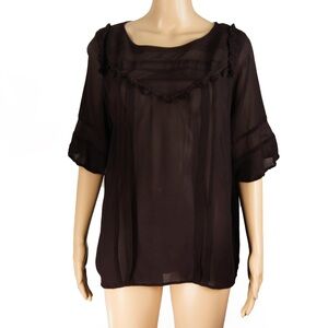 Munthe Semi Sheer Dark Brown Boho Ruffle Trim Short Sleeve Top